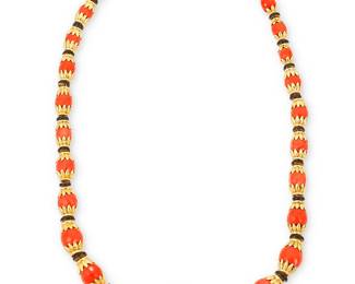 171
David Webb: An 18K Gold, Coral and Enamel Necklace
Featuring graduated faceted coral beads measuring approximately 11.90 - 33.00 mm, accented by floral textured gold and black enamel rondelle connectors, signed David Webb, accompanied by a Certificate of Authenticity

Length: 30 in.
373.1 grams gross
Estimate: $35,000 - $55,000