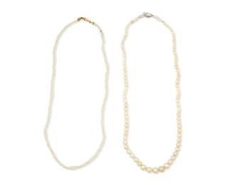 74
Two Natural Pearl and Diamond Necklaces
Including one featuring three strands of twisted seed pearls together with a single strand of button and oval natural graduated pearls measuring approximately 3.50 -7.35 mm, finished with a marquise-shaped diamond clasp
2 pieces

Lengths: 18 in.
22.1 grams gross

Accompanied by a GIA Report numbered #6237603266, dated June 12, 2025, stating the pearls as Natural Saltwater Pinctada species
Estimate: $3,500 - $5,500
