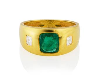 4
An 18K Gold, Emerald and Diamond Ring
Centering a square cushion-cut emerald weighing approximately 1.02 carats, accented by two square-cut diamonds weighing approximately 0.30 carat

Size: 7 1/2
6.7 grams gross
Estimate: $2,200 - $2,800