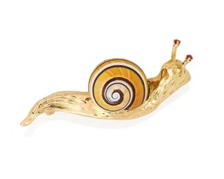 3
A 14K Gold Snail Brooch
Of a snail design featuring a natural shell, textured gold body and two round ruby antennas

Measures: 2 5/8 x 3/4 in.
30.2 grams gross
Estimate: $1,200 - $1,800