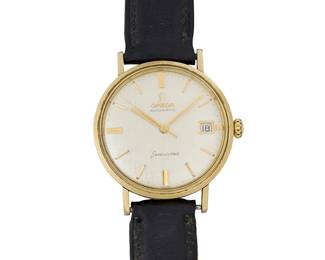 279
Omega: A Gold-Filled 'Seamaster' Watch
Dial: 30.00 mm, round with baton hour markers
Case: 35.00 mm
Closure: black leather strap with buckle clasp
Signed: dial and case

Inner circumference: 7- 8in.
36.3 grams gross
Estimate: $1,500 - $2,500