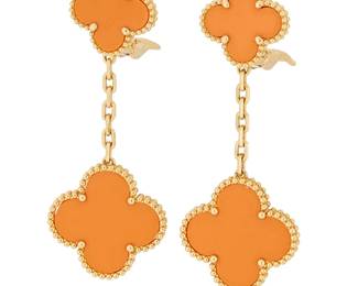 124
Van Cleef & Arpels: A Pair of 18K Gold and Coral 'Alhambra' Earrings
Of a tiered quatrefoil design featuring orange coral, signed VCA, no. B5018E6, with signed box
2 pieces

Measures: 2 x 3/4 in.
12.4 grams gross
Estimate: $5,000 - $7,000
