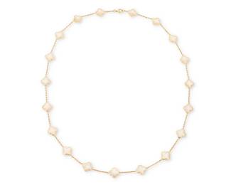 125
Van Cleef & Arpels: An 18K Gold and Mother-of-Pearl 'Alhambra' Necklace
Featuring nineteen mother-of-pearl quatrefoil motif stations, signed VCA with Italian assay marks

Length: 32 in.
44.7 grams gross
Estimate: $10,000 - $15,000