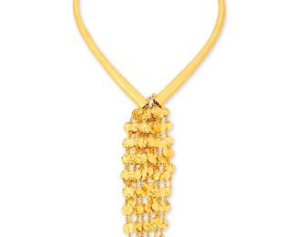 227
Kurtulan: A 24K Gold Necklace
Featuring a tubular hammered gold collar suspending two six strand tassels of hammered gold discs, with maker's mark for Kurtulan

Collar: 16 in., Tassels: 6 in.
98.6 grams gross
Estimate: $7,000 - $10,000