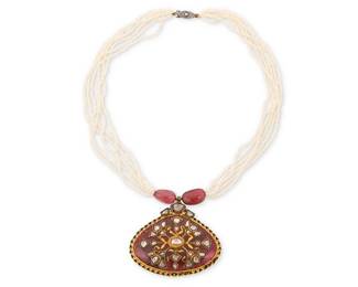 51
A Mughal Style Pink Tourmaline and Seed Pearl Necklace
Centering a carved pink tourmaline element set with rose-cut diamonds suspending from a multistrand seed pearl and pink tourmaline bead chain

Length: 18 1/2 in., Pendant: 2 3/8 x 2 5/8 in.
76.1 grams gross
Estimate: $2,500 - $3,500