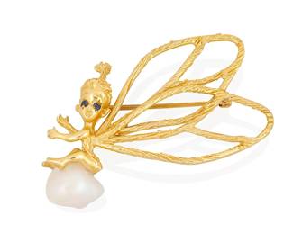 94
Ruser: A 18K Gold and Freshwater Pearl Brooch
Of a fairy design sitting on a freshwater pearl, finished with two round sapphire eyes, signed Ruser

Measures: 1 3/4 x 1 in.
9.2 grams gross
Estimate: $500 - $700