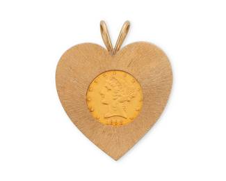 175
A Gold Coin Pendant
Centering an 1893 Liberty head coin, set in a textured heart frame

Measures: 1 7/8 x 1 1/2 in.
21.0 grams gross
Estimate: $1,000 - $1,500