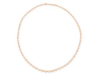 42
An 18K Rose Gold and Colored Diamond Necklace
Featuring graduated round diamonds weighing approximately 7.00 carats

Length: 20 in.
18.2 grams gross

Accent diamonds: untested for origin of color
Approximate total number: 67
Approximate overall color and clarity: M+ pink and yellow, VS-SI
Estimate: $5,000 - $7,000
