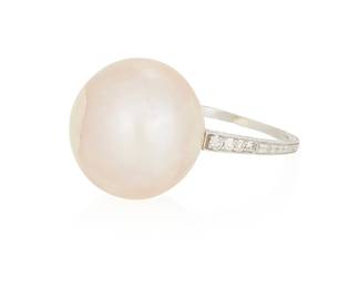 73
A Platinum, Natural Pearl and Diamond Ring
Featuring a single natural light Orangy Brown pearl measuring 16.20mm, set in an engraved shank accented by single-cut diamonds

Size: 7 1/2
8.3 grams gross

Accompanied by a GIA Report numbered #6237603260, dated June 12, 2025, stating the Pearl as natural Saltwater Pinctada species, no treatment, Light Orangy Brown.
Estimate: $2,000 - $3,000