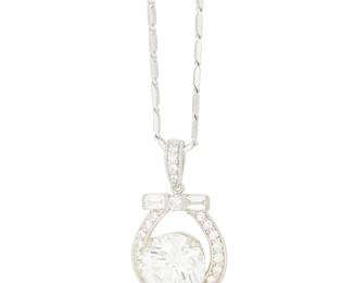 250
A White Gold and Diamond Necklace
Centering a round brilliant-cut diamond weighing 2.03 carats in a horseshoe style frame accented by round and baguette diamonds

Length: 14 in.
5.7 grams gross

Accompanied by a GIA Report numbered #2231665212, dated August 11, 2021, stating the diamond as Natural with a color grade of E and a clarity grade of VS2, no fluorescence.
Estimate: $10,000 - $15,000