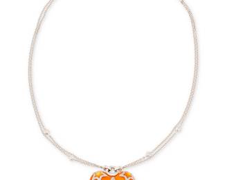 241
Cielo Curnis: An 18K White God, Mother-of-Pearl and Diamond Necklace
Featuring a double strand diamond station chain suspending a heart-shaped mother of pearl pendant accented with star motifs set with round diamonds weighing approximately 1.61 carats, signed Cielo Curnis

Chain: 18 1/2 in., Pendant: 1 1/4 x 1 1/4 in.
35.9 grams gross
Estimate: $2,500 - $3,500