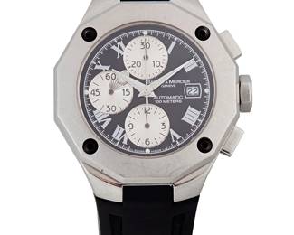 285
Baume & Mercier: A Stainless-Steel Chronograph Watch
Dial: 33.00 mm, round black dial with Roman numeral hour markers and three subsidiary dials
Model: Riviera
Case: 45.00 mm
Case number: 5050299
Closure: black rubber strap with stainless-steel butterfly clasp
Signed: strap, closure, dial and case

Inner circumference: 7 in.
133.4 grams gross
Estimate: $1,200 - $1,800