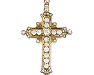 55
A Gold Topped-Silver and Diamond Cross Pendant
Of an ornate cross design featuring old mine-cut diamonds weighing approximately 2.30 carats accented by rose-cut diamonds

Measures: 2 1/4 x 1 1/4 in.
6.1 grams gross
Estimate: $1,800 - $2,500