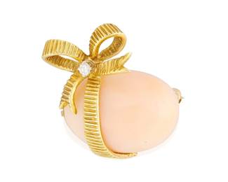 1
Cartier: An 18K Gold, Coral, and Diamond Brooch
Featuring an egg-shaped coral cabochon finished with a textured gold bow set with a round diamond, signed Cartier, no. 20221
Measures: 3/4 x 7/8 in.
7.0 grams gross
Estimate: $2,500 - $3,500