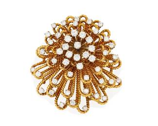 240
An 18K Gold and Diamond Brooch
Of a spray design featuring twisted gold petals set with round diamonds weighing approximately 3.50 carats, c. 1940s

Measures: 1 3/4 x 1 5/8 in.
33.4 grams gross
Estimate: $3,500 - $5,500
