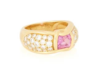 144
Chaumet: An 18K Gold, Pink Sapphire and Diamond Ring
Centering a rectangular cushion-cut pink sapphire weighing approximately 1.60 carats, accented by round diamonds weighing approximately 0.65 carat, signed Chaumet, no. 188460, Paris, c.1980's

Size: 6 1/2
10.0 grams gross
Estimate: $5,000 - $7,000