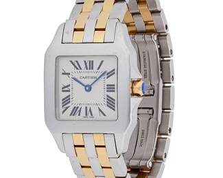 297
Cartier: A Gold and Stainless Steel 'Santos Demoiselle' Watch
Dial: 18.4 mm, square with Roman numeral hour markers
Model: Santos Demoiselle
Case: 27.00 mm
Case number: 584767Pb, 56081, 55799
Closure: gold and stainless-steel link bracelet with a butterfly clasp
Signed: case, dial and clasp

Inner circumference: 6 in.
80.8 grams gross
Estimate: $1,500 - $2,500