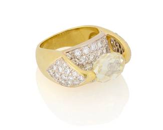 148
An 18K Bi-Color Gold and Diamond Ring
Featuring a tension-set briolette diamond weighing 4.25 carats, accented by round diamonds weighing approximately 2.25 carats

Size: 5
12.0 grams gross

Accompanied by a GIA Report numbered #5231571961, dated April 28, 2025, stating the diamond as Natural with a color grade of W to X range and a clarity grade of VS1, no fluorescence.
Estimate: $10,000 - $15,000
