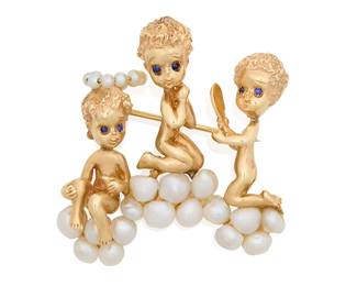93
Ruser: A 14K Gold and Freshwater Pearl Brooch
Featuring three angels atop clouds made of baroque freshwater pearls, all featuring round sapphire eyes, signed copyright Ruser

Measures: 1 5/8 x 1 3/8 in.
29.7 grams gross
Estimate: $2,000 - $3,000