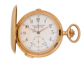 269
Verax Watch Co.: A 14K Gold Minute Repeater Pocket Watch
Dial: round with Arabic hour markers with subsidiary dial
Movement: 88891
Case: 58 mm
Case number: 40523
Signed: dial Verax Watch Co, G.W.S.

118.5 grams gross
Estimate: $4,000 - $6,000