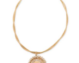 225
A 14K Gold and Cultured Pearl Locket Necklace
A double gold braided chain suspending a 14k gold locket pendant encircled by cultured pearls

Length: 15 1/2 in., Pendant: 1 1/2 in.
46.5 grams gross
Estimate: $1,500 - $2,500