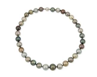 155
A 14K White Gold and Tahitian Cultured Pearl Necklace
A single strand of graduated variously colored cultured pearls measuring approximately 12.03 - 15.11 mm, finished with a 14k white gold clasp

length: 18 in.
96.5 grams gross

Accompanied by a GIA Report numbered #6233659341, dated August 9, 2025, stating the pearl as Cultured Saltwater Pinctada margaritifera, Natual Color, no treatment
Estimate: $2,500 - $3,500