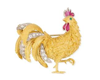 7
Buccellati: An 18K Bi-Color Gold and Diamond Rooster Brooch
Of a rooster design featuring textured gold feathers and bi-color gold and diamond set plumage finished with ruby head feathers, signed M. Buccellati with Italian assay marks

Measures: 1 3/4 x 1 1/2 in.
24.2 grams gross
Estimate: $3,500 - $5,500