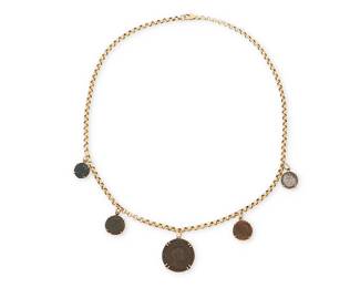 134
A Gold and Coin Necklace
Featuring five copper and silver ancient coins suspended from a 9k gold chain

Length: 24 in.
46.3 grams gross
Estimate: $1,500 - $2,500