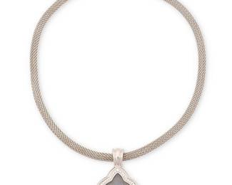 197
David Yurman: A 14K White Gold, Chalcedony and Diamond Necklace
Featuring a woven tube style chain, suspending a carve chalcedony encircled by round diamonds, signed D. Yurman

Length: 16 in., pendant: 1 1/2 x 1 1/8 in.
59.3 grams gross
Estimate: $2,500 - $3,500
