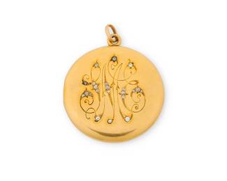 224
Shreve & Co.: A 14K Gold Locket
Monogrammed JME set with old mine-cut diamonds, signed Shreve & Co.

Measures: 1 5/8 x 2 in.
19.2 grams gross
Estimate: $800 - $1,200
