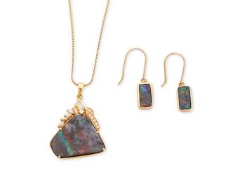 161
A Gold, Boulder Opal and Diamond Necklace and Earrings Set
Including a 14k gold chain suspending an 18k gold pendant centering an organic-shaped boulder opal accented by round and marquise-shaped diamonds, together with a pair of 14k gold and rectangular boulder opal cabochon earrings
3 pieces

Chain: 14 in., Pendant: 1 1/4 x 1 in., Earrings: 1 1/8 x 1/4 in.
11.6 grams gross
Estimate: $2,500 - $3,500