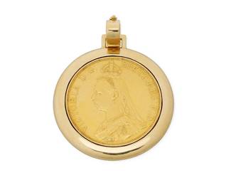 22
A Gold Coin Pendant
Centering a 22k gold 1887 Gold Sovereign Queen Victoria Coin, set in an 18k high polish gold frame

Measures: 2 1/4 x 1 3/4 in.
63.0 grams gross
Estimate: $5,000 - $7,000