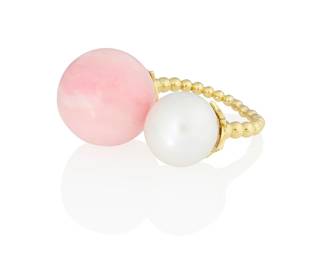 79
An 18K Gold, Pink Opal and Cultured Pearl Ring
Featuring a large round pink opal measuring approximately 17.50 mm, accented by a round cultured pearl measuring approximately 13.30 mm, finished by a graduated gold ball shank

Size: 7 1/2
14.0 grams gross
Estimate: $1,200 - $1,500