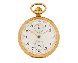 273
Moeri: An 18K Gold Pocket Watch
Dial: with Arabic hour markers and two subsidiary dials
Model: 17 jewel
Case number:  48484
Signed: Dial, with original fitted box

Size: 18s
87.5 grams gross
Estimate: $2,500 - $3,500
