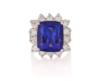 260
A 14K White Gold, Tanzanite and Diamond Ring
Centering a rectangular cushion-cut tanzanite weighing approximately 9.75 carats, encircled by round diamonds weighing approximately 2.10 carats

Size: 7 1/2
15.4 grams gross
Estimate: $4,000 - $6,000