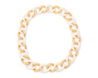 185
Micheletto: An 18K Gold and Ceramic Link Necklace
Featuring large curb links of high polish gold and white ceramic, with Italian assay marks and workshop marks, Italy

Length: 20 in.
525.1 grams gross
Estimate: $10,000 - $15,000