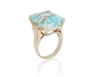 201
A 14K White Gold, Aquamarine and Diamond Ring
Centering an emerald-cut aquamarine weighing approximately 20.85 carats, accented by single-cut diamonds

Size: 7 1/4
11.6 grams gross
Estimate: $2,500 - $3,500