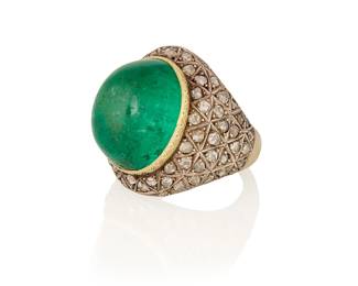 59
A 14K Gold, Emerald and Diamond Ring
Centering an oval emerald cabochon weighing approximately 21.02 carats, set in a triangular motif mount accented by rose-cut diamonds

Size: 7 1/2
16.8 grams gross

Accompanied by a GIA Report numbered #6237634558, dated July 17, 2025, stating the Emerald as natural Beryl of Colombian origin with clarity enhancements (F2).
Estimate: $3,000 - $5,000