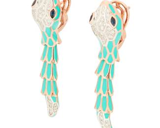 237
Alexis NY: A Pair of Enamel, Sapphire and Diamond Earrings
Of an articulated snake design featuring seafoam green enamel, accented by marquise-shaped sapphire eyes and round diamonds, signed Alexis N.Y., no. EC028RM23-0231

Measures 2 x 1/2 in.
16.2 grams gross
Estimate: $1,800 - $2,500