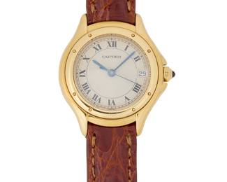 299
Cartier: An 18K Gold 'Cougar' Watch
Dial:19.00 mm, round with Roman numeral hour markers
Model: Cougar
Case: 28.00 mm
Case number: 887921, 000959
Closure: brown leather strap with a gold-plated buckle clasp
Signed:dial and case, with original booklet

Inner circumference: 6- 7 3/4 in.
28.1 grams gross
Estimate: $2,000 - $3,000