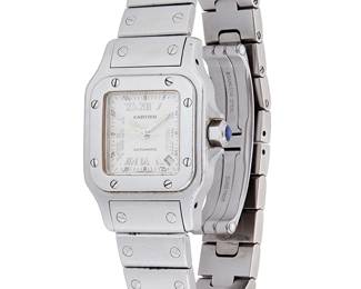 298
Cartier: A Stainless-Steel 'Santos de Galbee' Watch
Dial: 14.40 mm, square with Roman numeral hour markers
Model: Santos de Galbee
Case: 24.00 mm
Case number: 852009cc
Closure: stainless-steel bracelet with butterfly clasp
Signed: dial, case and clasp

Inner circumference: 6 in.
66.5 grams gross
Estimate: $800 - $1,200