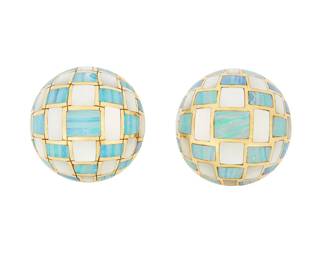 122
Angela Cummings for Tiffany & Co: A Pair of 18K Gold, Mother-of-Pearl, and Opal Earclips
Of a woven domed design featuring rectangular opal and mother-of-pearl inlay, signed Tiffany & Co.
2 pieces

Measures: 1 x 1 in.
22.6 grams gross
Estimate: $6,000 - $8,000