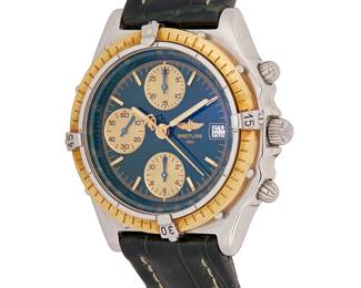 287
Breitling: A Stainless Steel and 18K Gold 'Chronomat' Watch
Dial: 30.00 mm, green dial with baton hour markers and three subsidiary dials
Model: Chronomat
Case: 40.00 mm
Case number: 13050.1, 6054
Closure: green leather strap with stainless steel deployment clasp
Signed: dial, case, strap and clasp

Inner circumference: 7 in.
99.3 grams gross
Estimate: $2,800 - $3,500