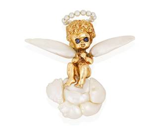 92
Ruser: A 14K Gold and Freshwater Pearl Brooch
An angel atop a baroque freshwater pearl cloud, featuring freshwater pearl wings, a seed pearl halo and finished with round sapphire eyes, signed Ruser

Measures: 2 x 1 3/4 in.
17.9 grams gross
Estimate: $1,800 - $2,500
