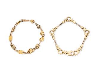 222
Two 14K Gold Bracelets
Including one featuring gold nugget links, together with another designed with bi-color gold bar links
2 pieces

Lengths: 7 1/4 in. and 7 1/2 in.
25.8 grams gross
Estimate: $1,200 - $1,800

