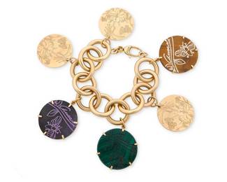 25
Gucci: An 18K Gold and Hardstone Charm Bracelet
Of a large round open link design suspending etched gold discs featuring butterfly and flower motifs, accented by three round etched hardstone charms of malachite, tiger's eye and sugilite, signed Gucci

Length: 7 3/4 in.
88.8 grams gross
Estimate: $4,000 - $6,000
