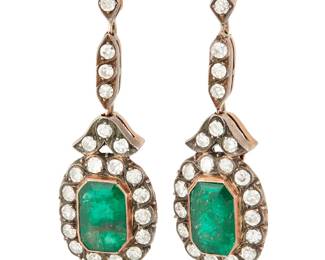 60
A Pair of Silver Topped-Gold, Emerald and Diamond Earrings
Centering two cut-cornered rectangular step-cut emeralds weighing approximately 2.02 and 2.21 carats accented by single-cut diamonds weighing approximately 1.95 carats
2 pieces

Measures: 1 1/2 x 1/2 in.
7.3 grams gross
Estimate: $2,200 - $2,800