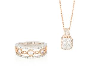 238
An 18K Bi-Color Gold and Diamond Ring and Necklace
Including a ring featuring an ornate design in white and rose gold accented by round diamonds weighing approximately 0.70 carat, together with a 18k rose gold chain suspending a pendant featuring round diamonds weighing approximately 1.05 carats
2 pieces

Ring: 6 1/2, Necklace: 18 in.
8.9 grams gross
Estimate: $2,000 - $3,000