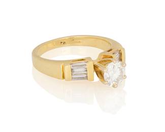 235
A 14K Gold and Diamond Ring
Centering a round diamond weighing approximately 0.75 carat, accented by tapered baguette diamonds

Size: 6 1/2
4.5 grams gross
Estimate: $3,000 - $5,000