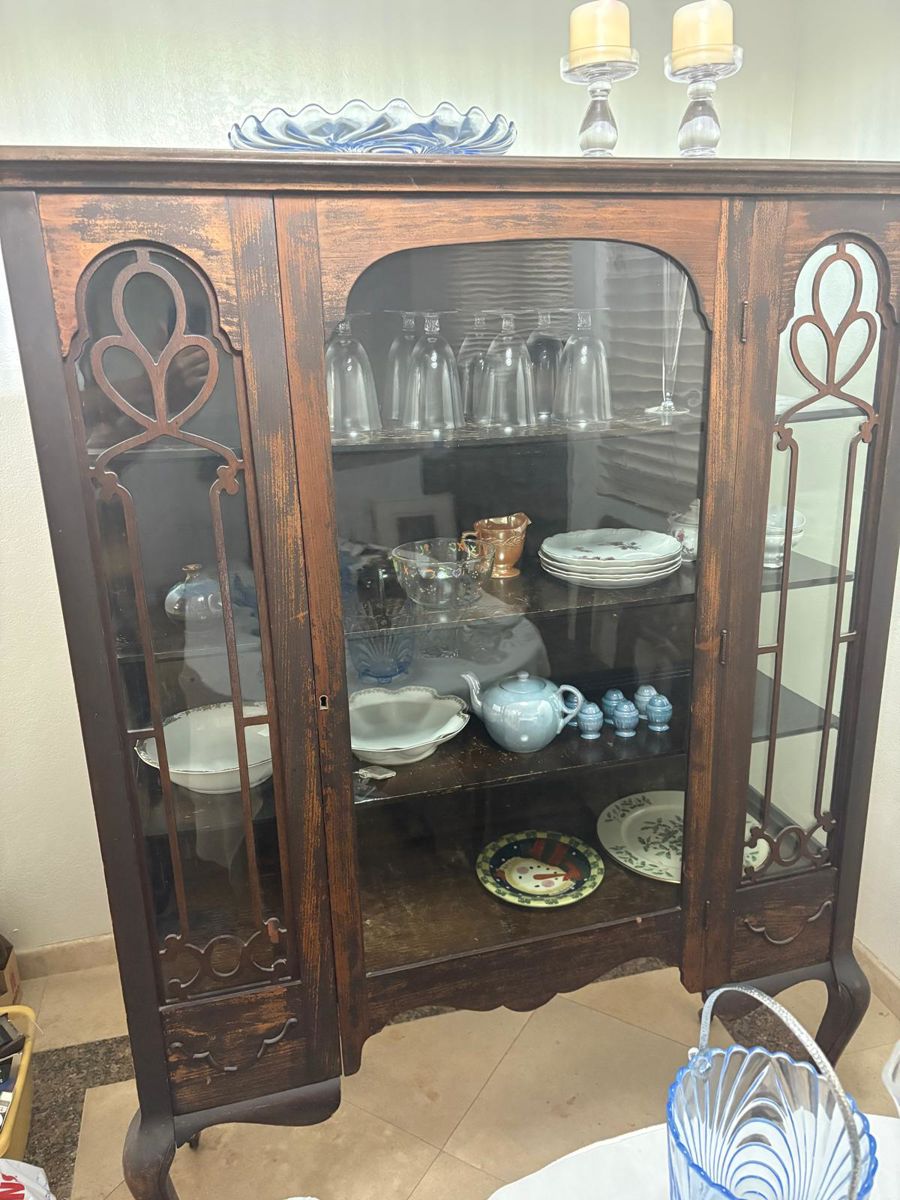 Antique China cabinet. Several vintage glasses, plates, etc.